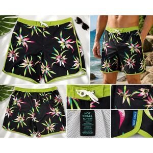 Hot Coals Board Shorts Mens XL Black Floral Neon Tropical Swim